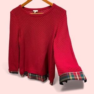 Cute cranberry Talbots open weave cotton sweater tartan plaid faux shirt trim